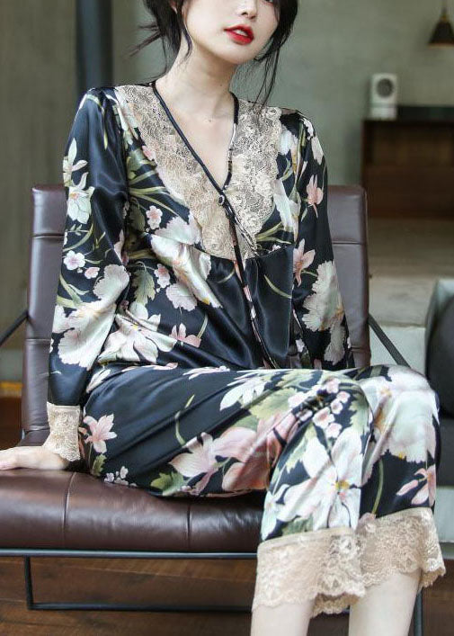 Beautiful Black V Neck Print Ice Silk Pajamas Two Pieces Set Spring