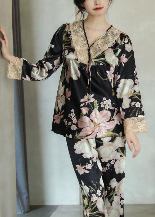 Beautiful Black V Neck Print Ice Silk Pajamas Two Pieces Set Spring