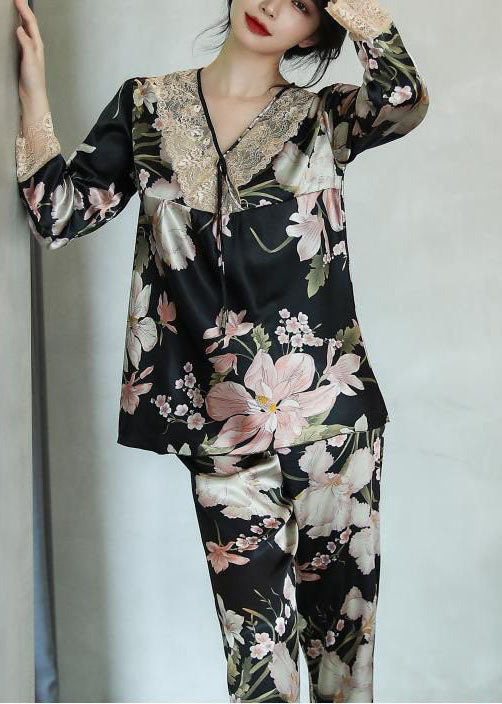 Beautiful Black V Neck Print Ice Silk Pajamas Two Pieces Set Spring