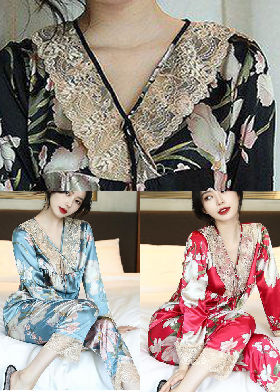 Beautiful Black V Neck Print Ice Silk Pajamas Two Pieces Set Spring