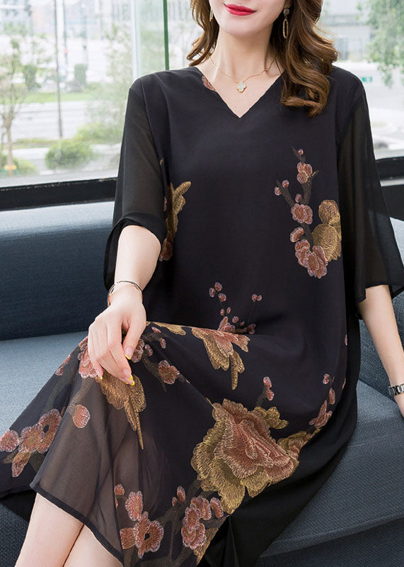 Beautiful Black V Neck Print Patchwork Chiffon Dress Summer