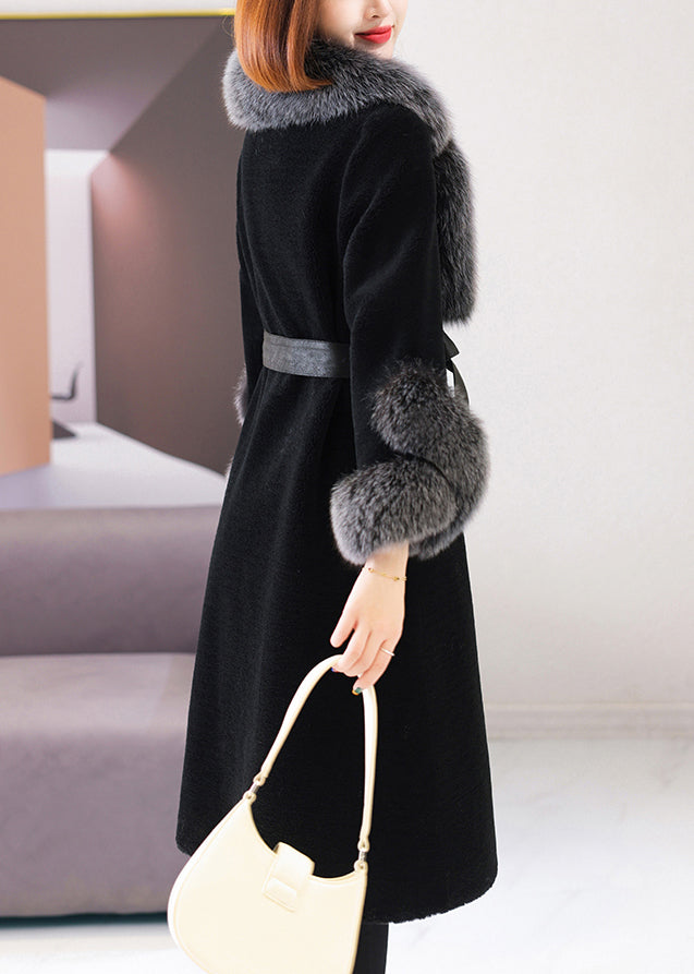 Beautiful Black V Neck Tie Waist Fuzzy Fur Long Coat Winter