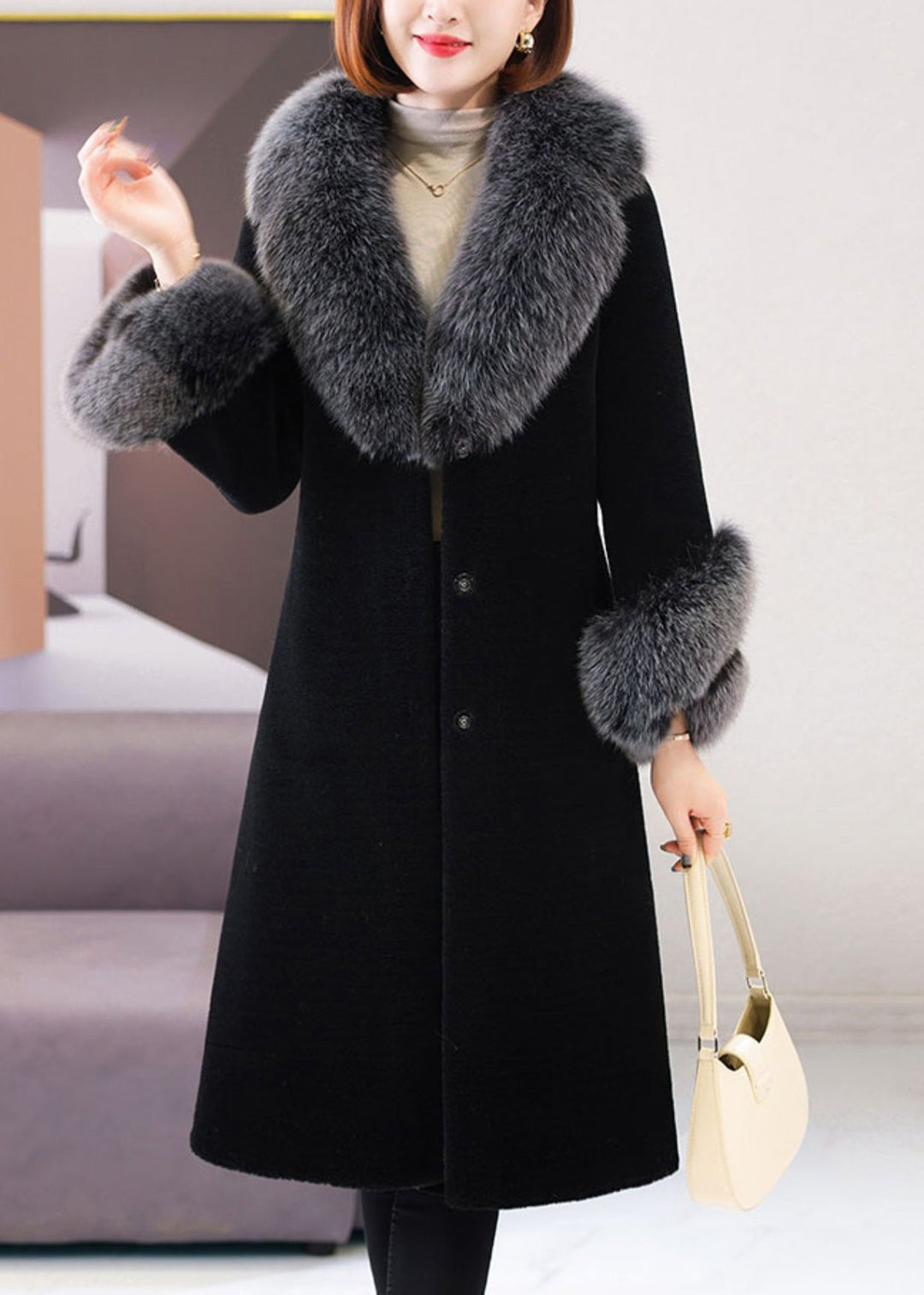 Beautiful Black V Neck Tie Waist Fuzzy Fur Long Coat Winter