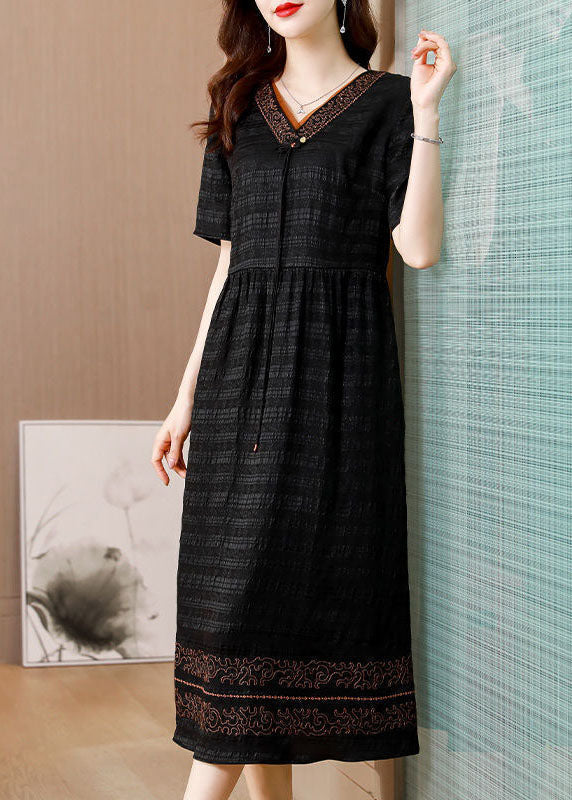 Beautiful Black V Neck Wrinkled Silk Long Dress Summer