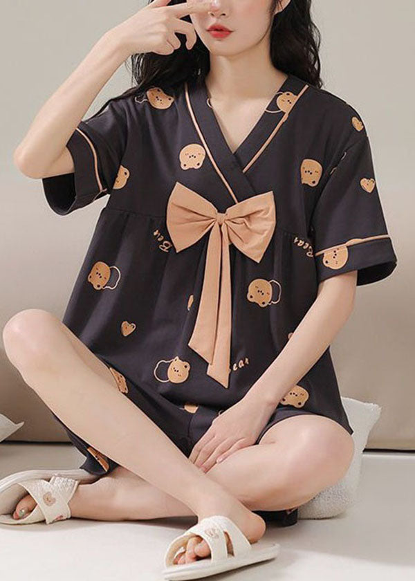 Beautiful Black Wrinkled Print Patchwork Cotton Two Piece Pajamas Summer