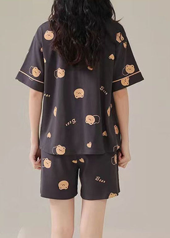Beautiful Black Wrinkled Print Patchwork Cotton Two Piece Pajamas Summer