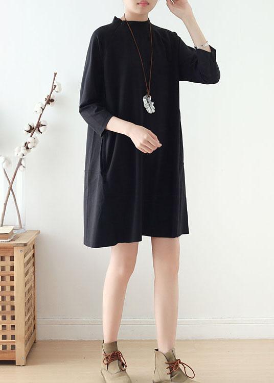 Beautiful Black zippered Cotton Long sleeve Pockets Fall Dress - Omychic
