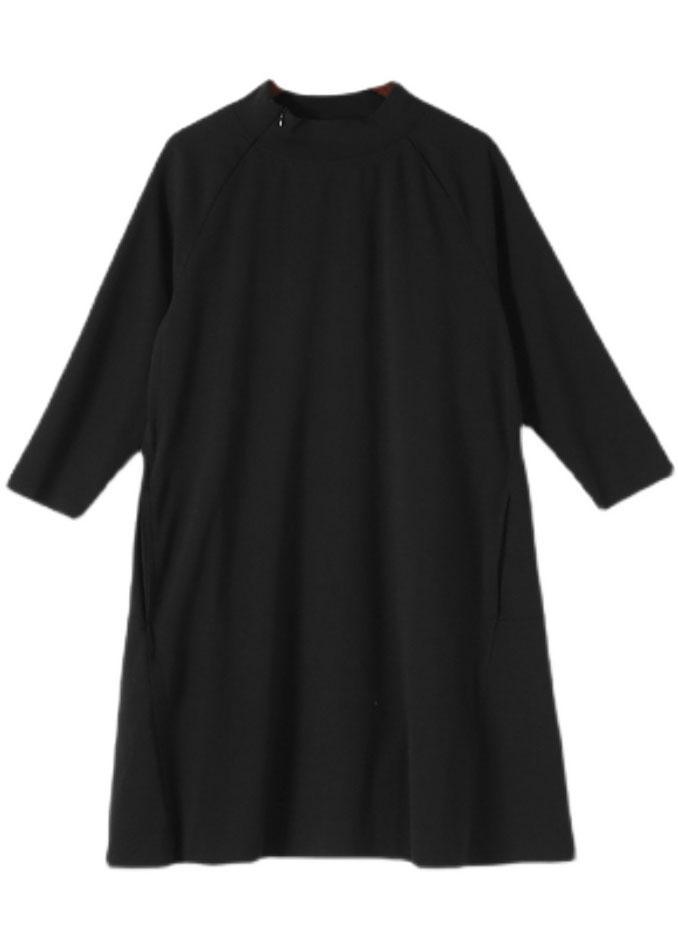 Beautiful Black zippered Cotton Long sleeve Pockets Fall Dress - Omychic