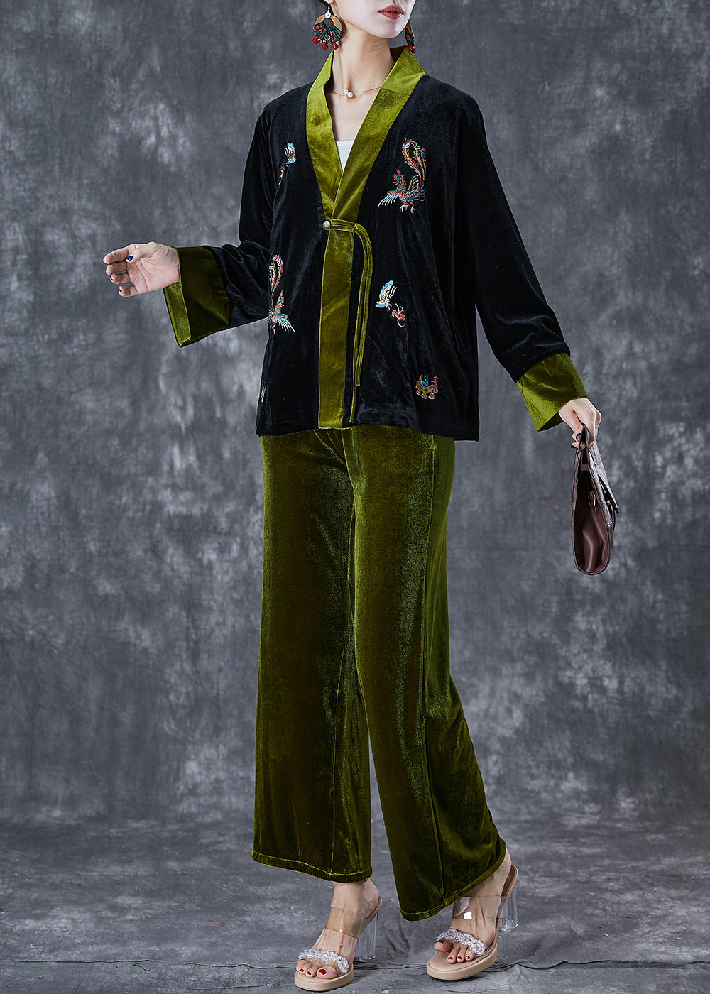 Beautiful Blackish Green Embroidered Patchwork Silk Velour Two Pieces Set Fall