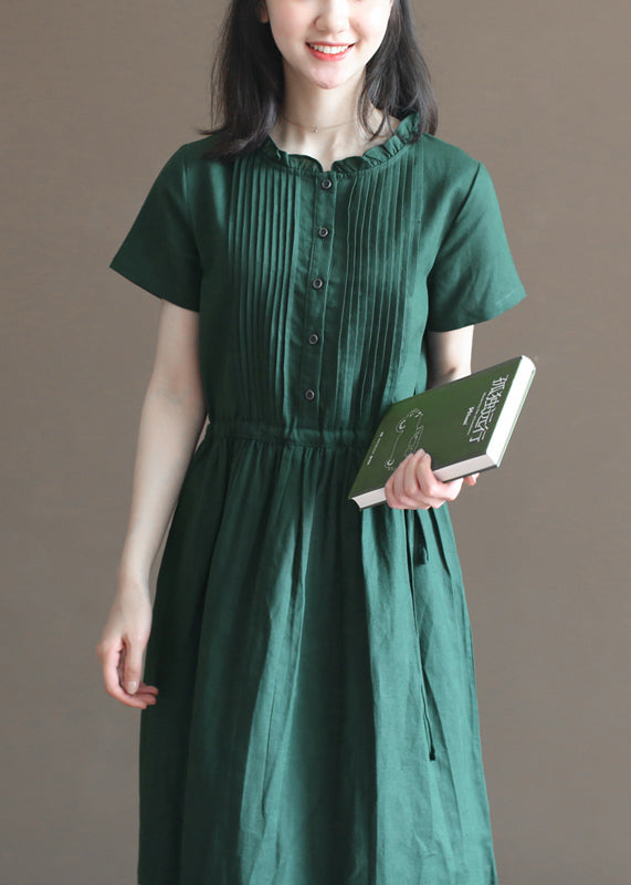 Beautiful Blackish Green Ruffled Wrinkled Drawstring Cotton Dress Short Sleeve