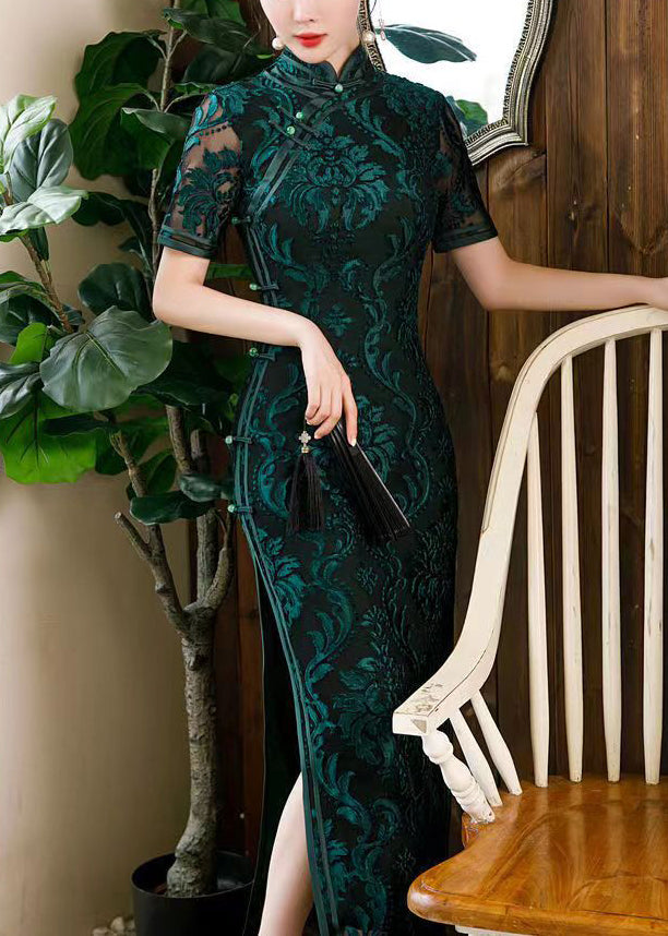Beautiful Blackish Green Stand Collar Side Open Silk Dress Short Sleeve