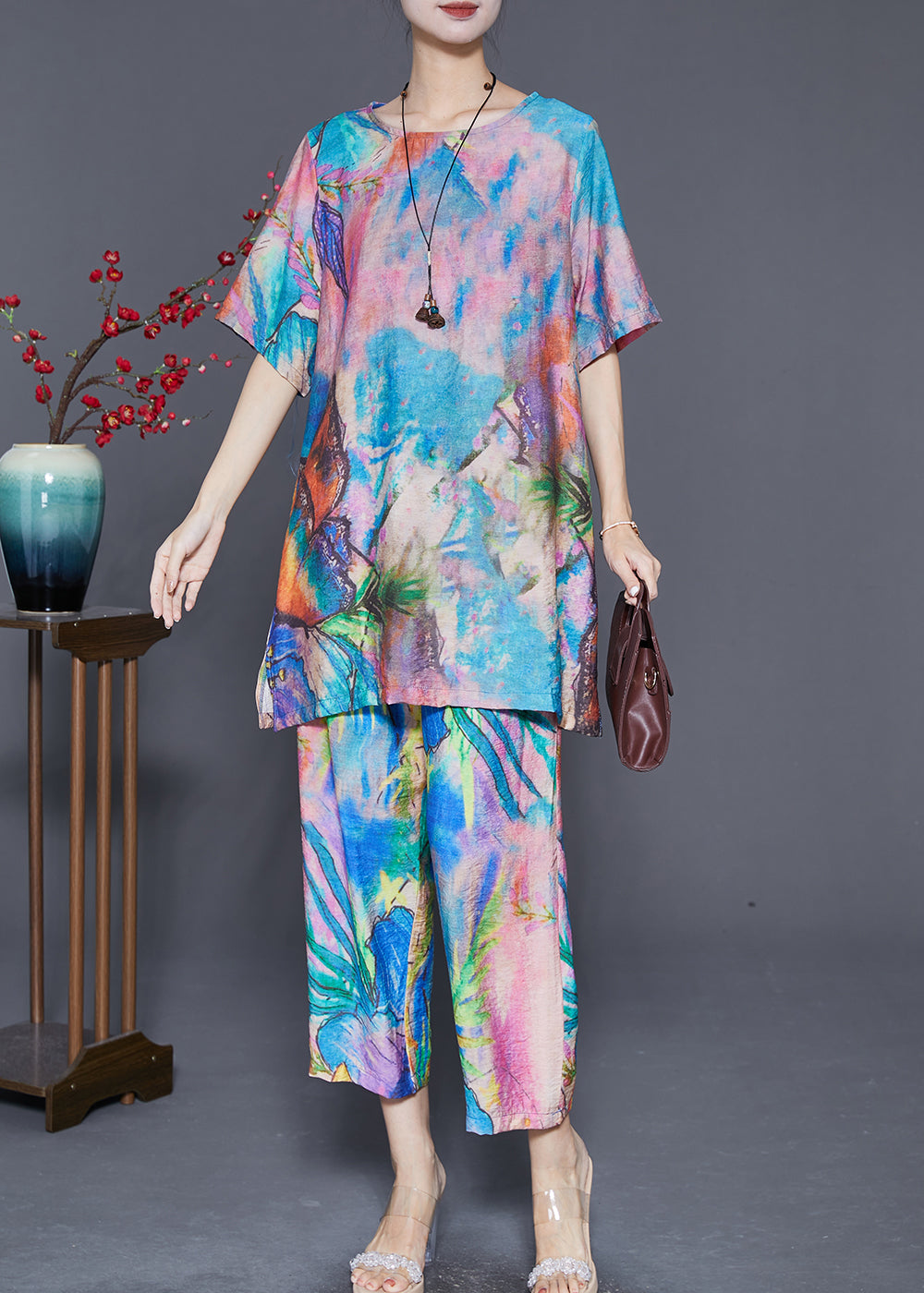 Beautiful Blue Butterfly Tie Dye Linen Silk Two Piece Set Outfits Summer