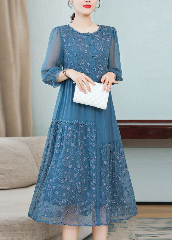 Beautiful Blue Embroidered Patchwork Silk Dresses Spring