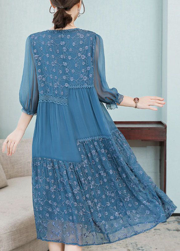 Beautiful Blue Embroidered Patchwork Silk Dresses Spring