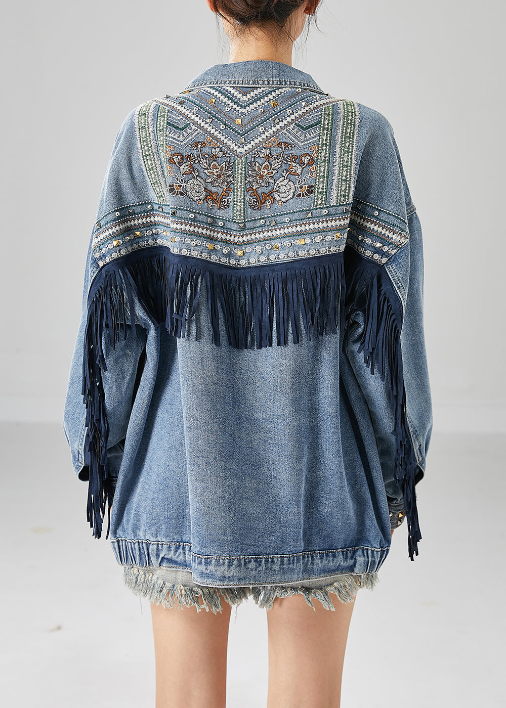 Beautiful Blue Embroideried Patchwork Tasseled Denim Coats Fall
