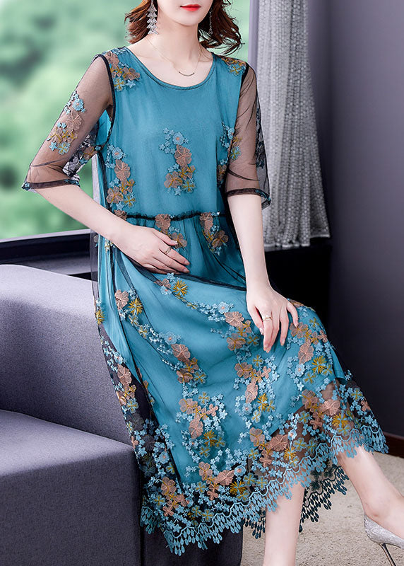 Beautiful Blue Embroideried Tulle Patchwork Silk Long Dresses Half Sleeve
