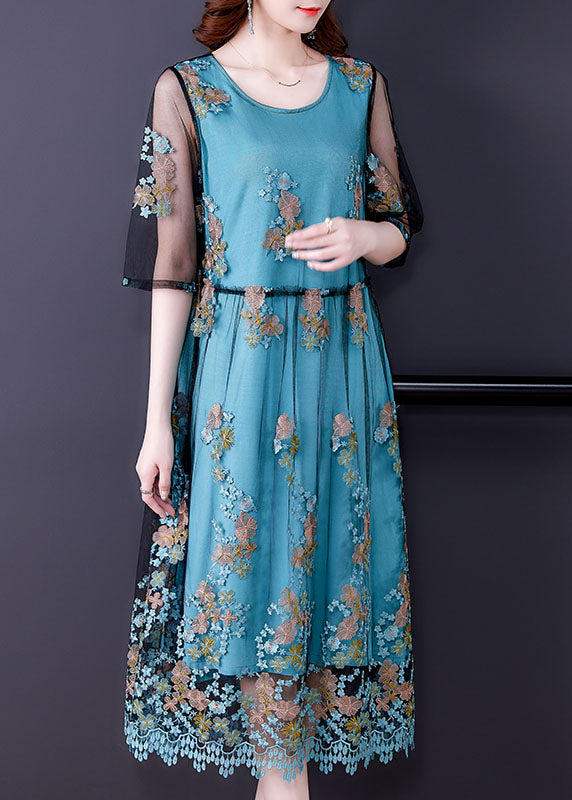 Beautiful Blue Embroideried Tulle Patchwork Silk Long Dresses Half Sleeve