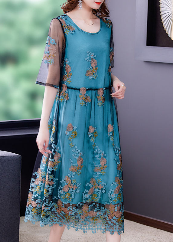 Beautiful Blue Embroideried Tulle Patchwork Silk Long Dresses Half Sleeve