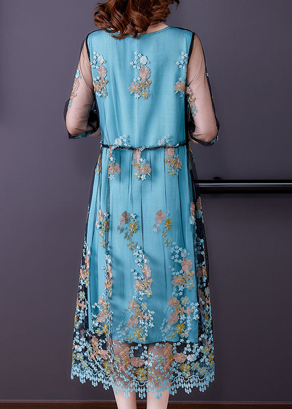 Beautiful Blue Embroideried Tulle Patchwork Silk Long Dresses Half Sleeve