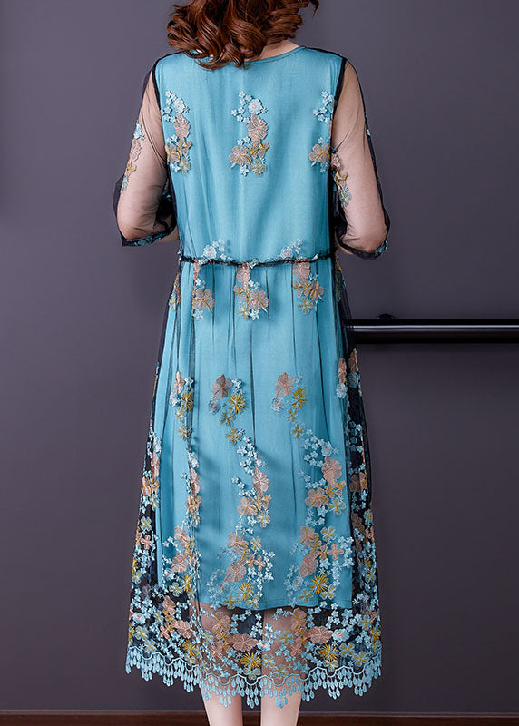 Beautiful Blue Embroidered Tulle Patchwork Silk Long Dresses Half Sleeve