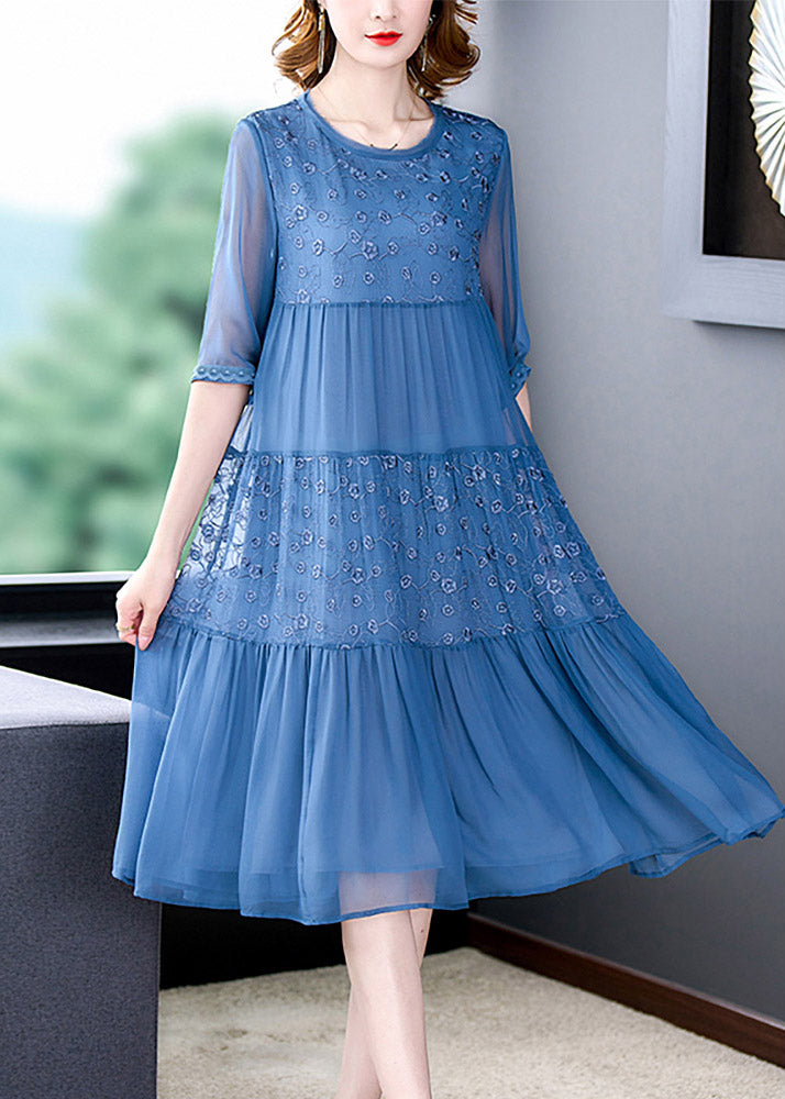 Beautiful Blue O-Neck Embroidered Patchwork Wrinkled Silk Long Dresses Half Sleeve