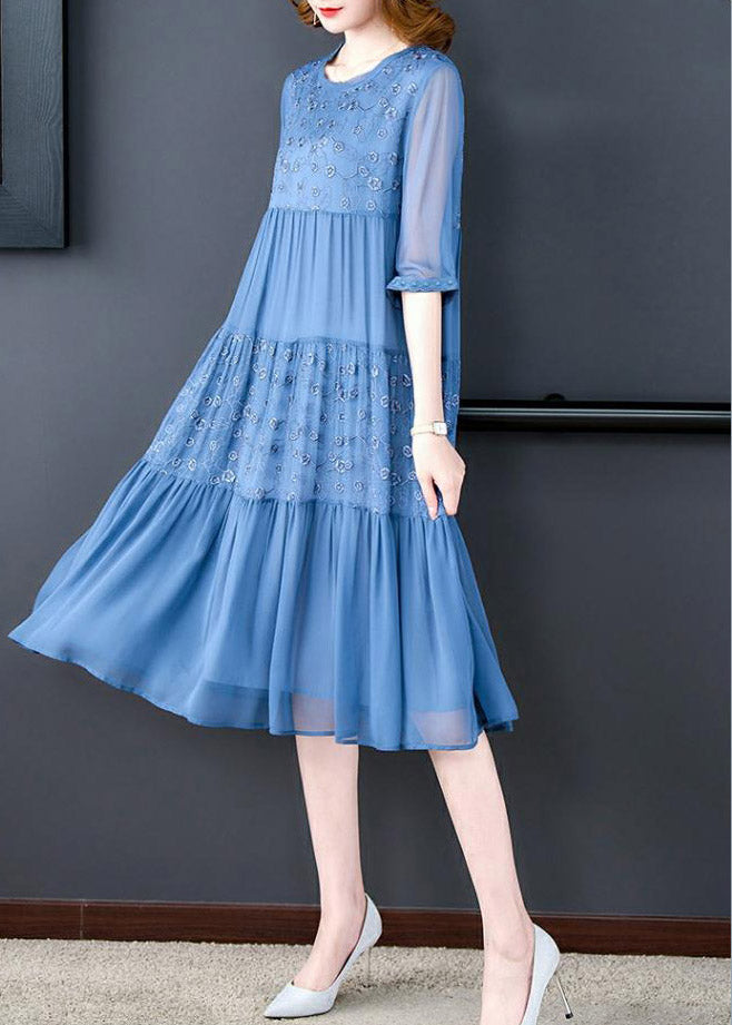 Beautiful Blue O-Neck Embroideried Patchwork Wrinkled Silk Long Dresses Half Sleeve