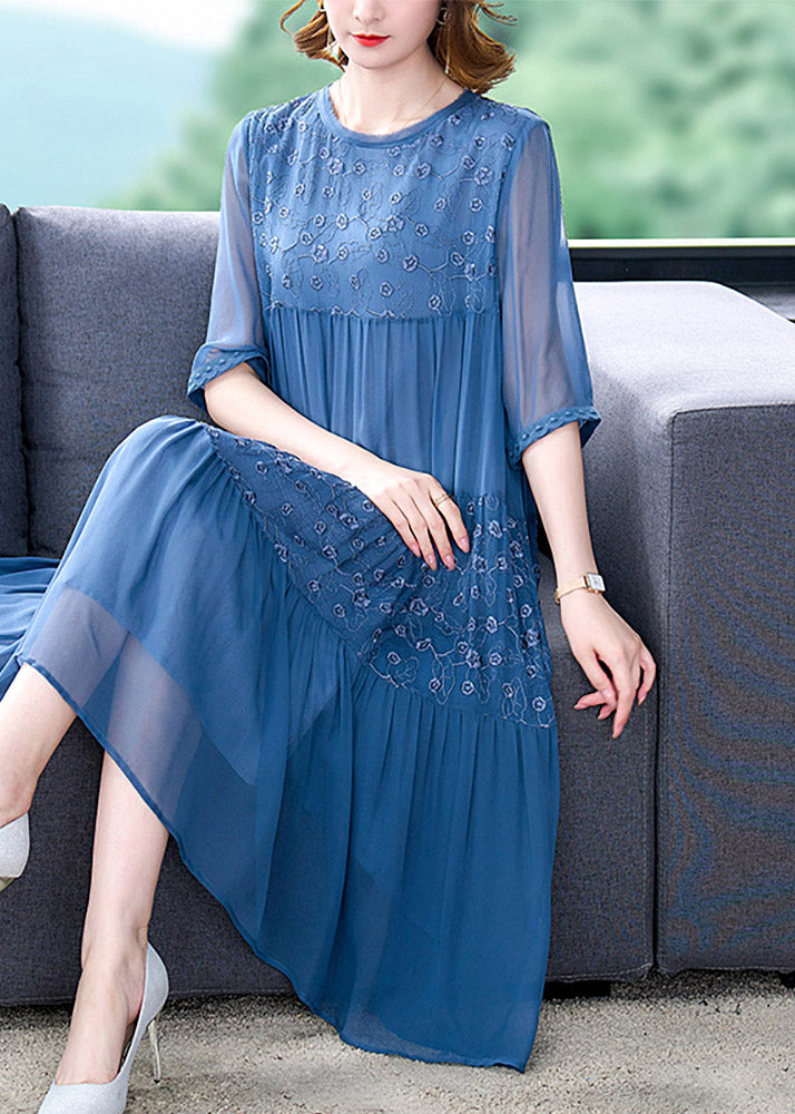 Beautiful Blue O-Neck Embroidered Patchwork Wrinkled Silk Long Dresses Half Sleeve