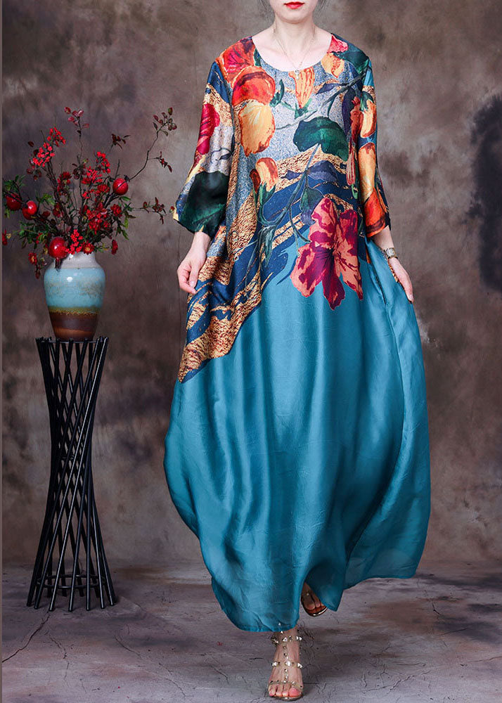 Beautiful Blue O-Neck Print Silk Long Dress Bracelet Sleeve