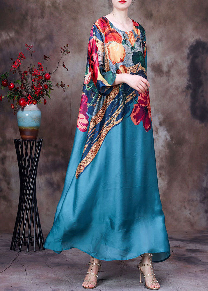 Beautiful Blue O-Neck Print Silk Long Dress Bracelet Sleeve