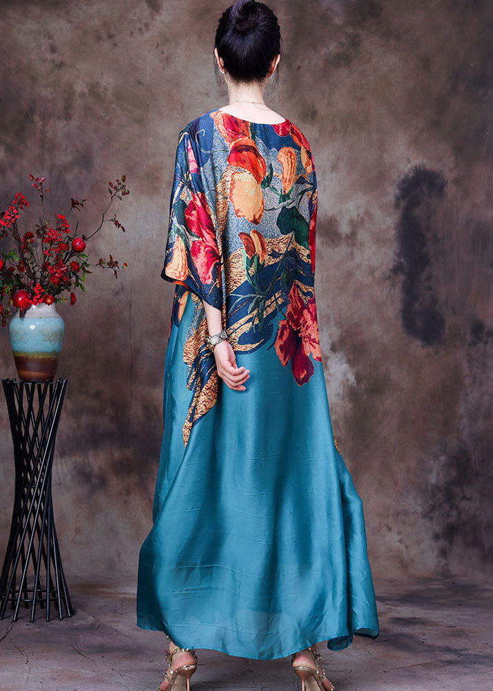 Beautiful Blue O-Neck Print Silk Long Dress Bracelet Sleeve