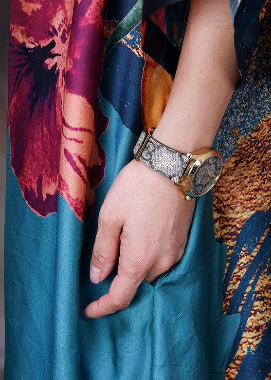 Beautiful Blue O-Neck Print Silk Long Dress Bracelet Sleeve