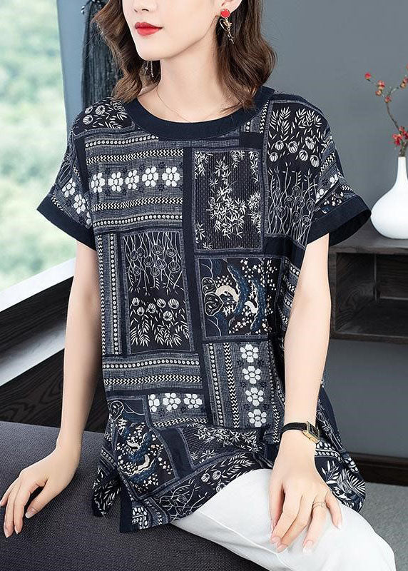 Beautiful Blue O-Neck Side Open Patchwork Print Silk Loose Tank Short Sleeve