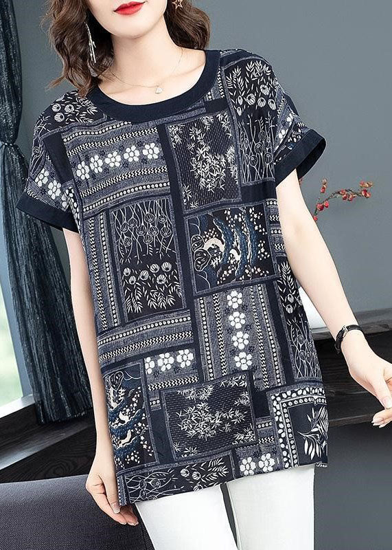 Beautiful Blue O-Neck Side Open Patchwork Print Silk Loose Tank Short Sleeve