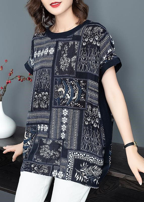 Beautiful Blue O-Neck Side Open Patchwork Print Silk Loose Tank Short Sleeve