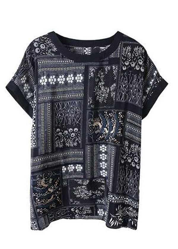 Beautiful Blue O-Neck Side Open Patchwork Print Silk Loose Tank Short Sleeve