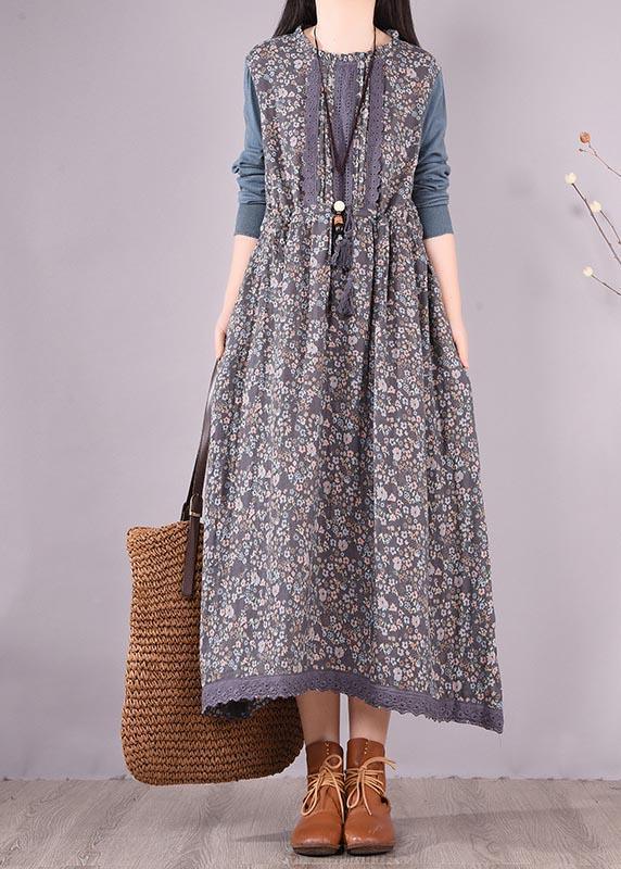 Beautiful Blue Patchwork Print Dresses O Neck Lace Robe Spring Dresses - Omychic