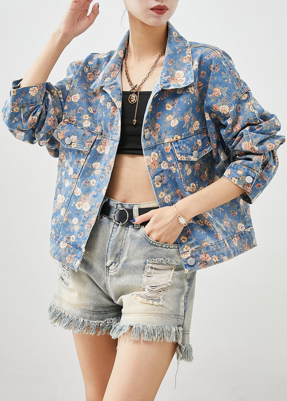 Beautiful Blue Peter Pan Collar Print Denim Coats Fall