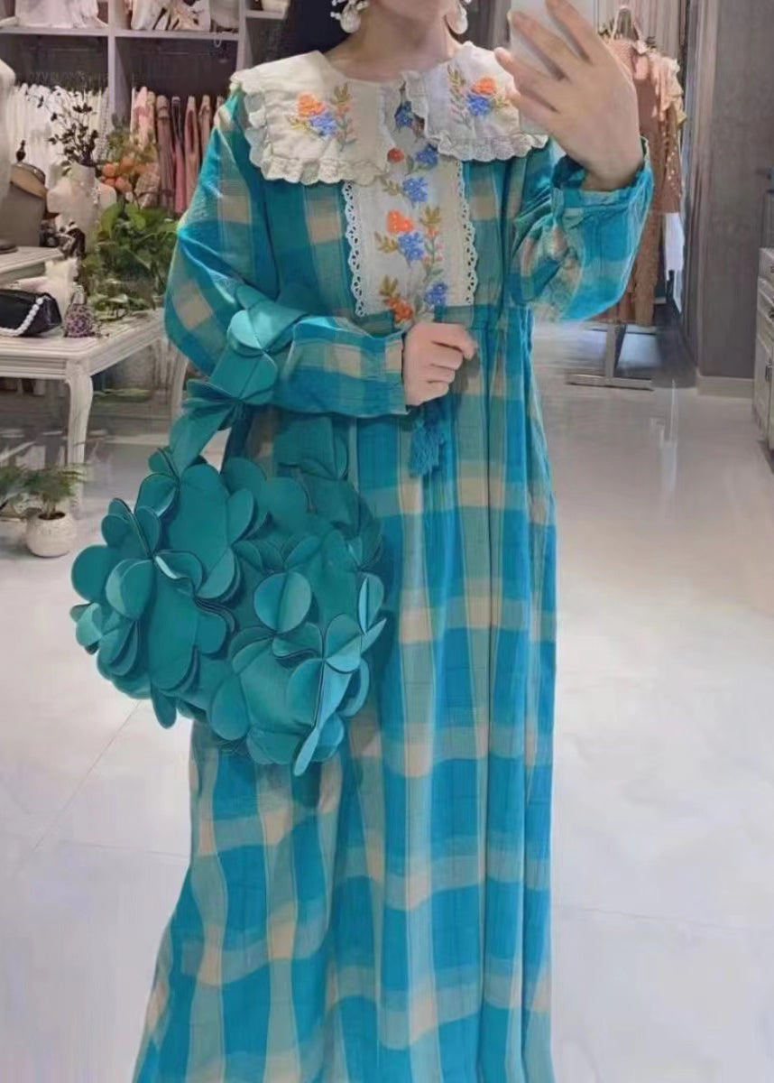 Beautiful Blue Plaid Embroidered Patchwork Cotton Dress Spring
