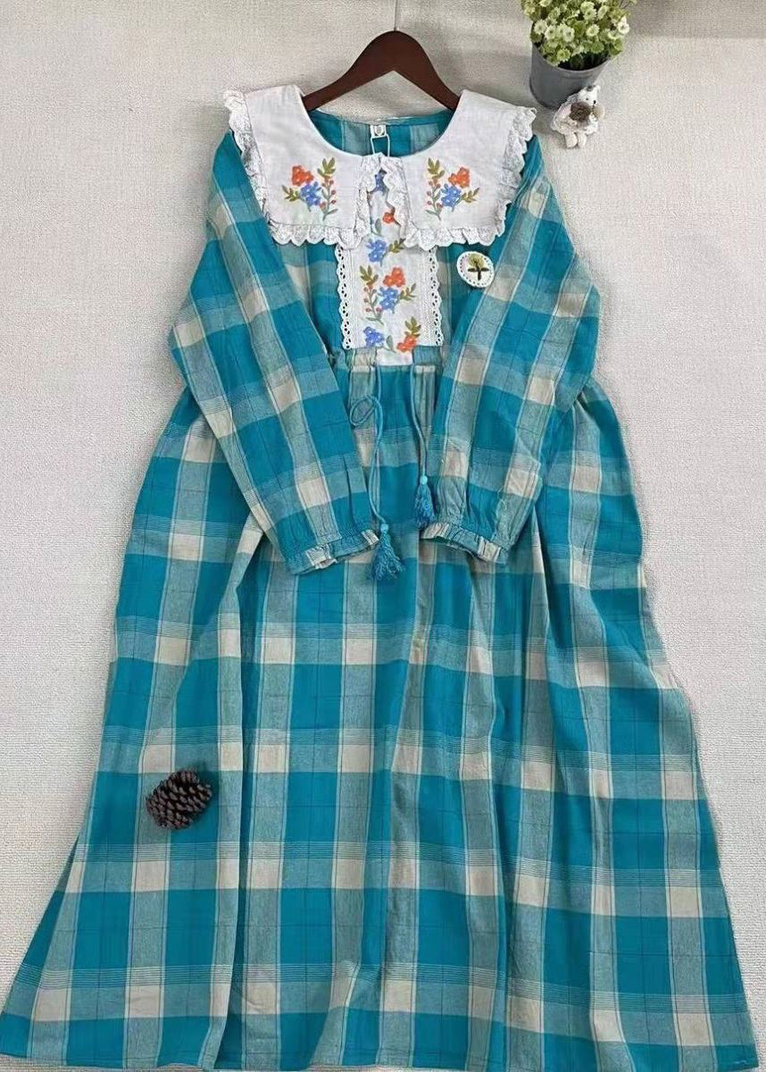 Beautiful Blue Plaid Embroidered Patchwork Cotton Dress Spring