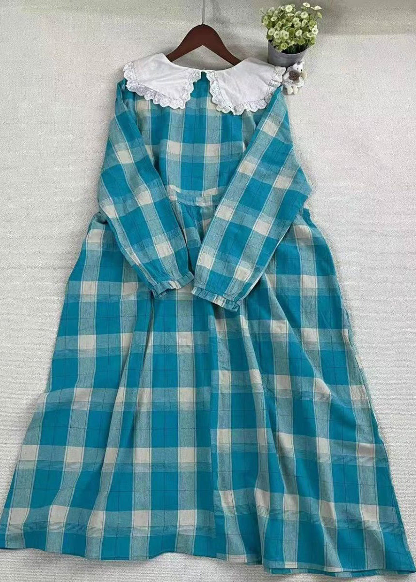 Beautiful Blue Plaid Embroidered Patchwork Cotton Dress Spring