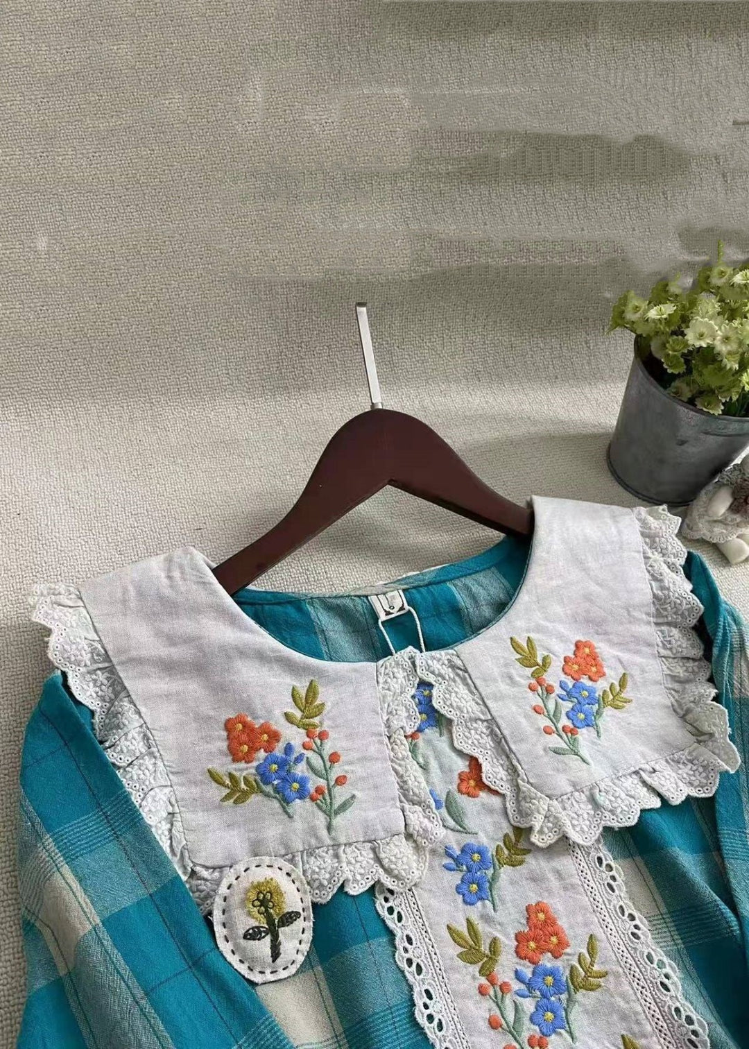 Beautiful Blue Plaid Embroidered Patchwork Cotton Dress Spring