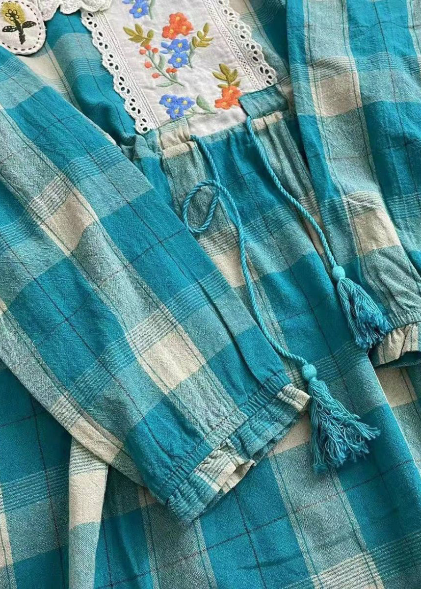 Beautiful Blue Plaid Embroidered Patchwork Cotton Dress Spring