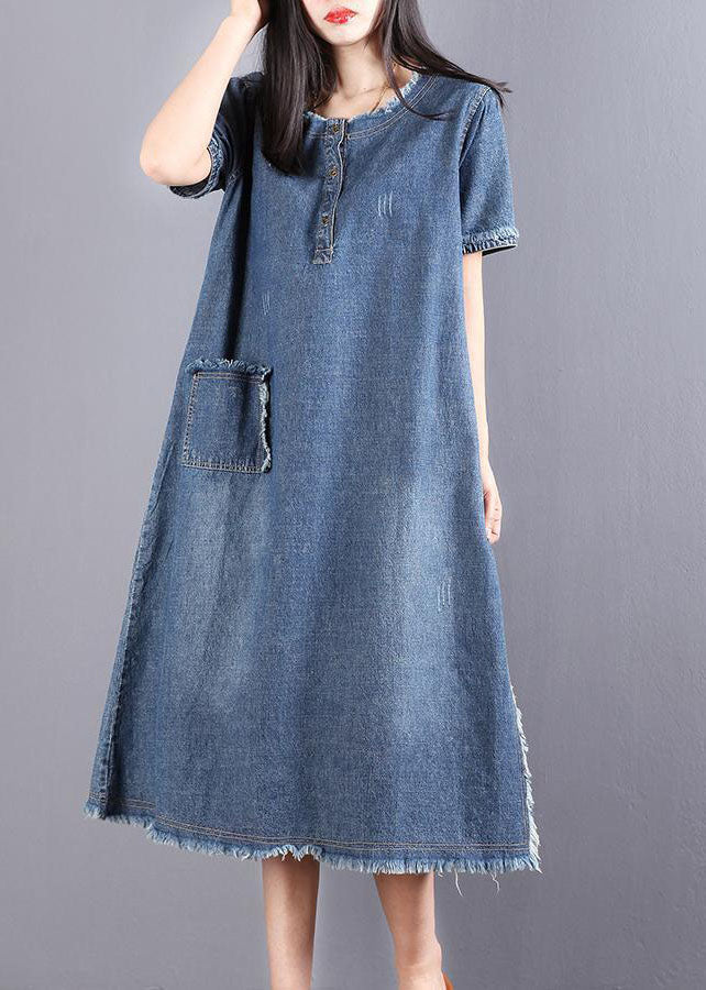 Beautiful Blue Pockets Button Fall Denim Short Sleeve Party Dress