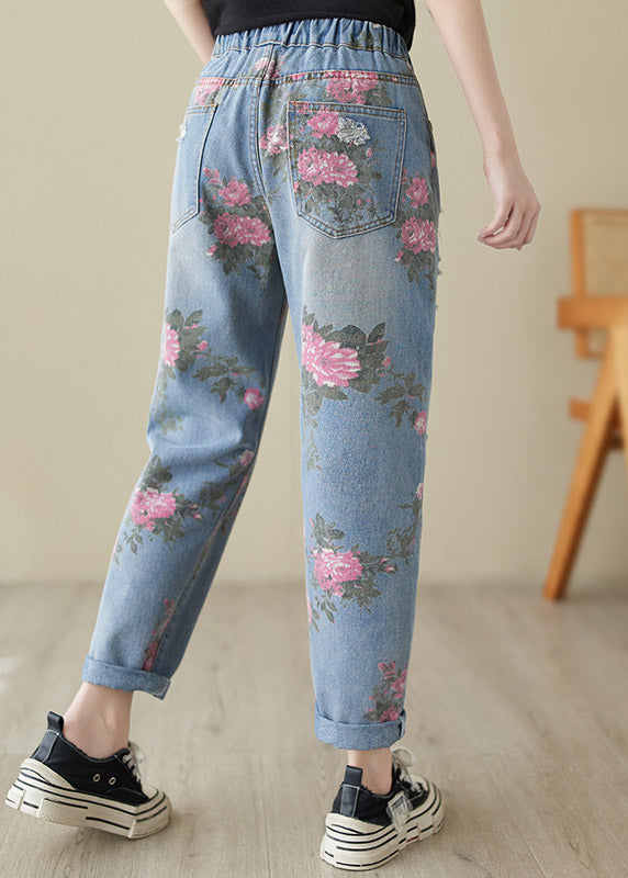 Beautiful Blue Print High Waist Denim Harem Pants