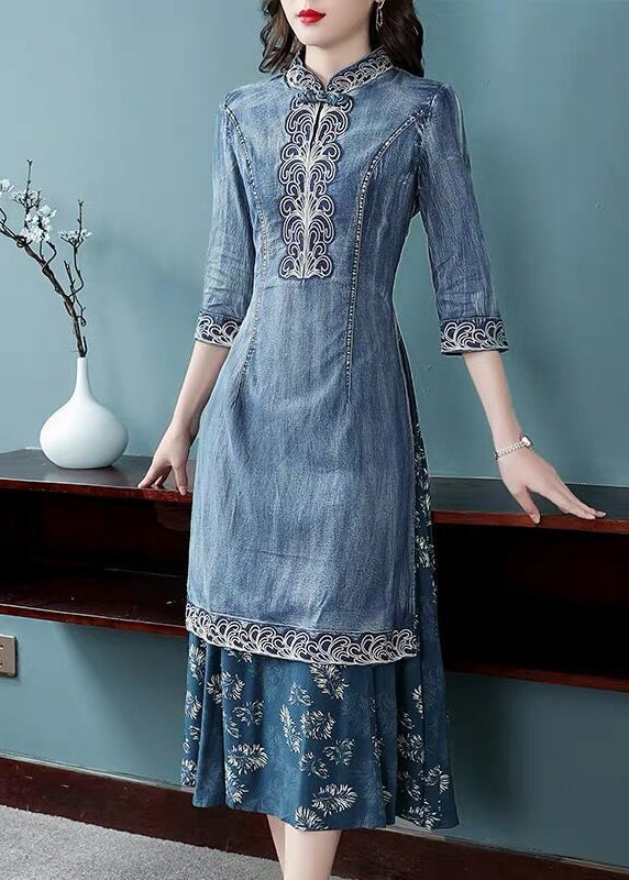 Beautiful Blue Stand Collar side open Embroideried Patchwork denim Dress Three Quarter sleeve