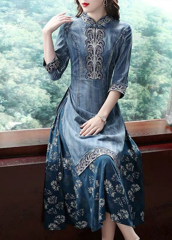 Beautiful Blue Stand Collar side open Embroidered Patchwork denim Dress Three Quarter sleeve