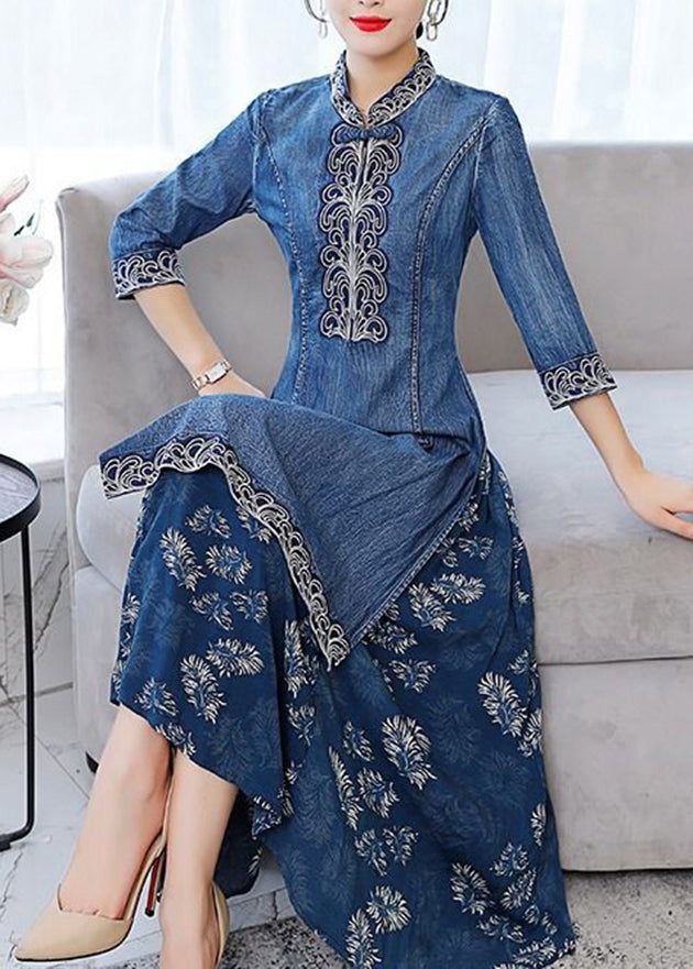 Beautiful Blue Stand Collar side open Embroidered Patchwork denim Dress Three Quarter sleeve