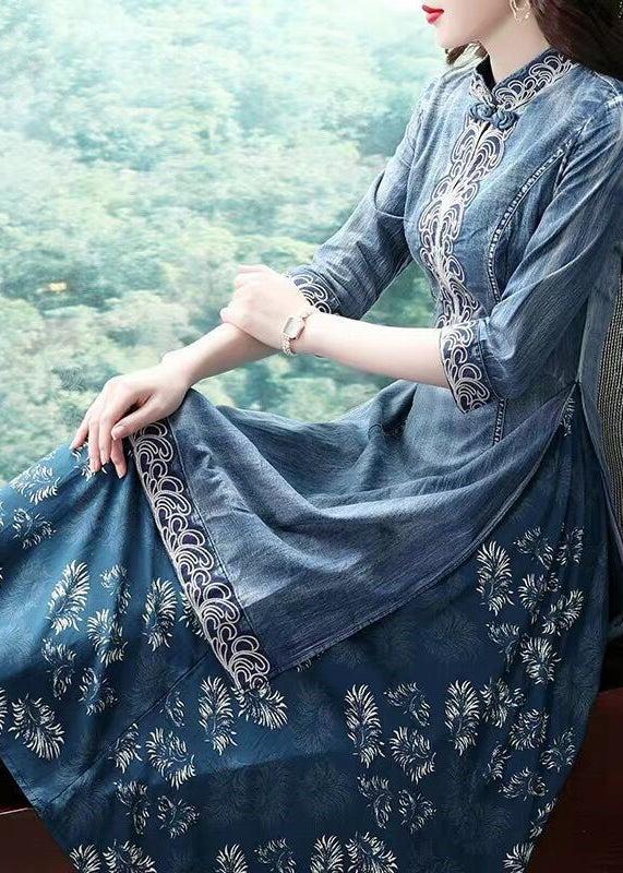 Beautiful Blue Stand Collar side open Embroideried Patchwork denim Dress Three Quarter sleeve