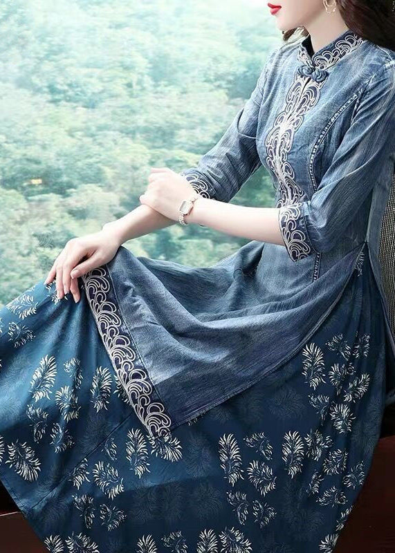 Beautiful Blue Stand Collar side open Embroidered Patchwork denim Dress Three Quarter sleeve
