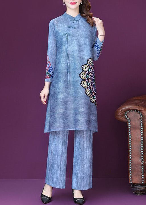 Beautiful Blue Tasseled Print Patchwork Silk Two Pieces Set Spring